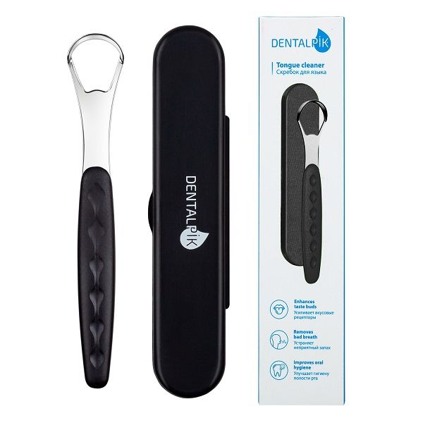 Скребок для языка Dentalpik металлический с чехлом черный