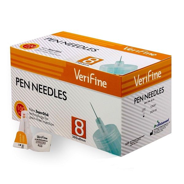 Иглы для инсулиновых шприц-ручек стерильные Verifine 0,30х8мм 30G 100шт