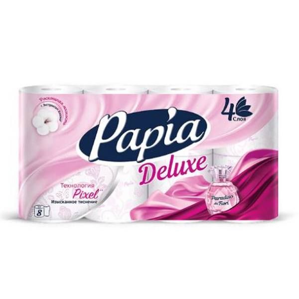 Бумага туалетная белая с ароматом Paradiso Fiori и рисунком четырёхслойная Deluxe Papia 8шт