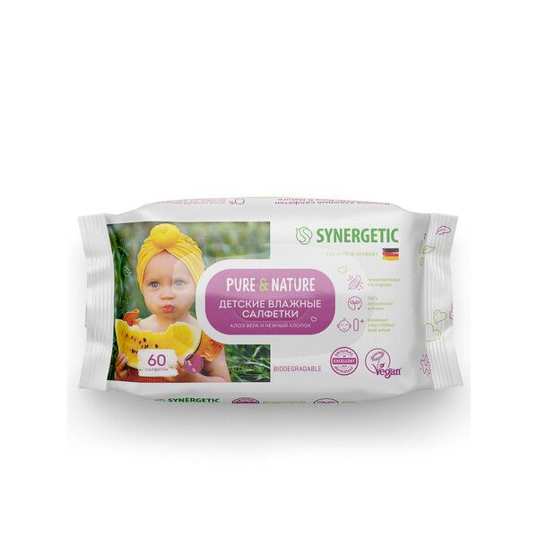 Салфетки влажные детские 0+ алоэ вера и нежный хлопок гипоаллергенные Pure&Nature Synergetic 60шт