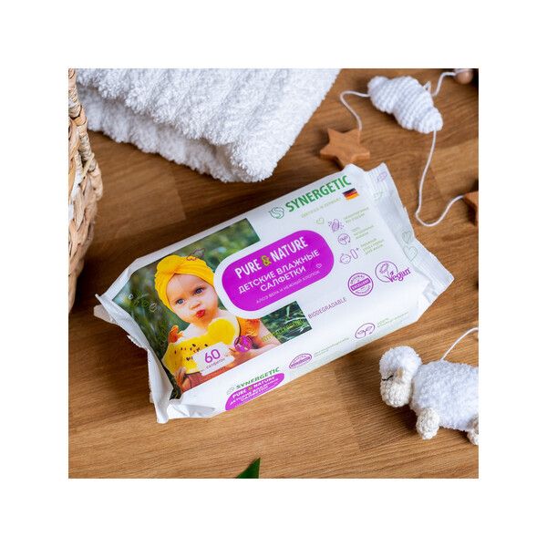 Салфетки влажные детские 0+ алоэ вера и нежный хлопок гипоаллергенные Pure&Nature Synergetic 60шт фото №4