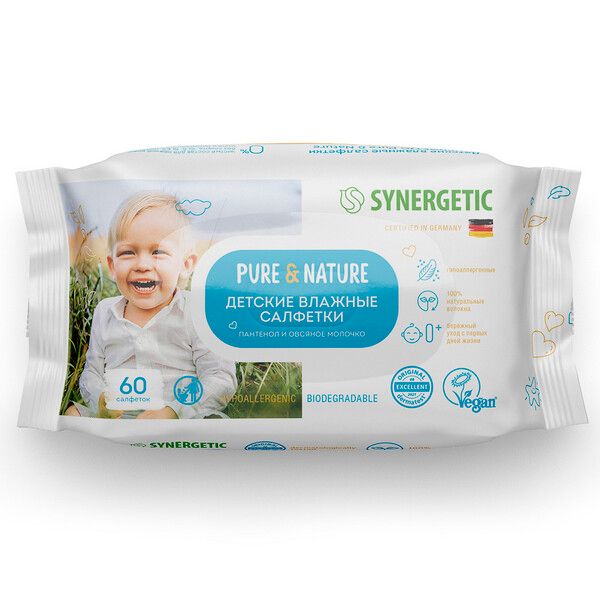 Салфетки влажные детские 0+ пантенол и овсяное молочко гипоаллергенные Pure&Nature Synergetic 60шт фото №5