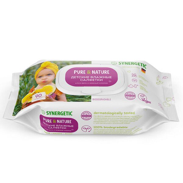 Салфетки влажные детские 0+ алоэ вера и нежный хлопок гипоаллергенные Pure&Nature Synergetic 90шт фото №4