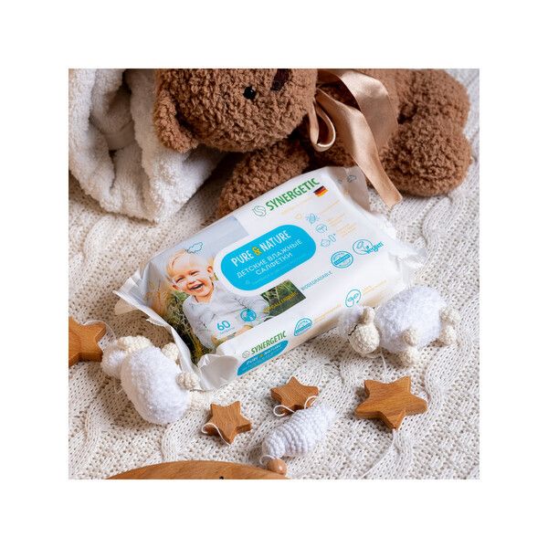 Салфетки влажные детские 0+ пантенол и овсяное молочко гипоаллергенные Pure&Nature Synergetic 60шт фото №3