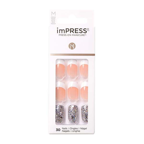Лак твердый для маникюра длина средняя Серебряный французский imPRESS Kiss 30шт