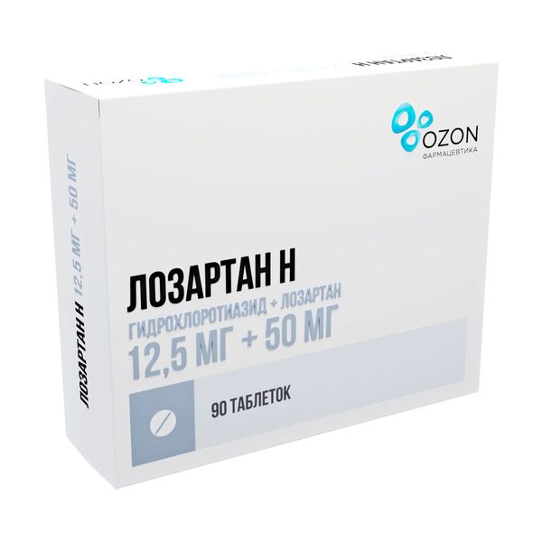 Лозартан-Н таблетки п/о плен. 12,5мг+50мг 90шт Лозартан-Н таблетки п/о плен. 12,5мг+50мг 90шт