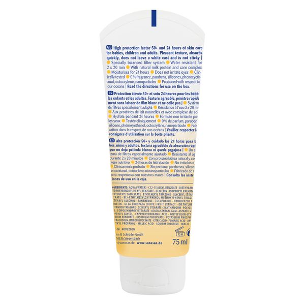 Крем солнцезащитный для детей с рождения SPF50+ Baby Sanosan/Саносан 75мл фото №2 Крем солнцезащитный для детей с рождения SPF50+ Baby Sanosan/Саносан 75мл фото №2