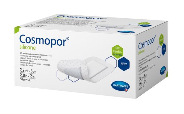 Повязка стерильная пластырного типа с контактным слоем Cosmopor Silicone/Космопор Силикон 7,2х5см 50шт фото №3