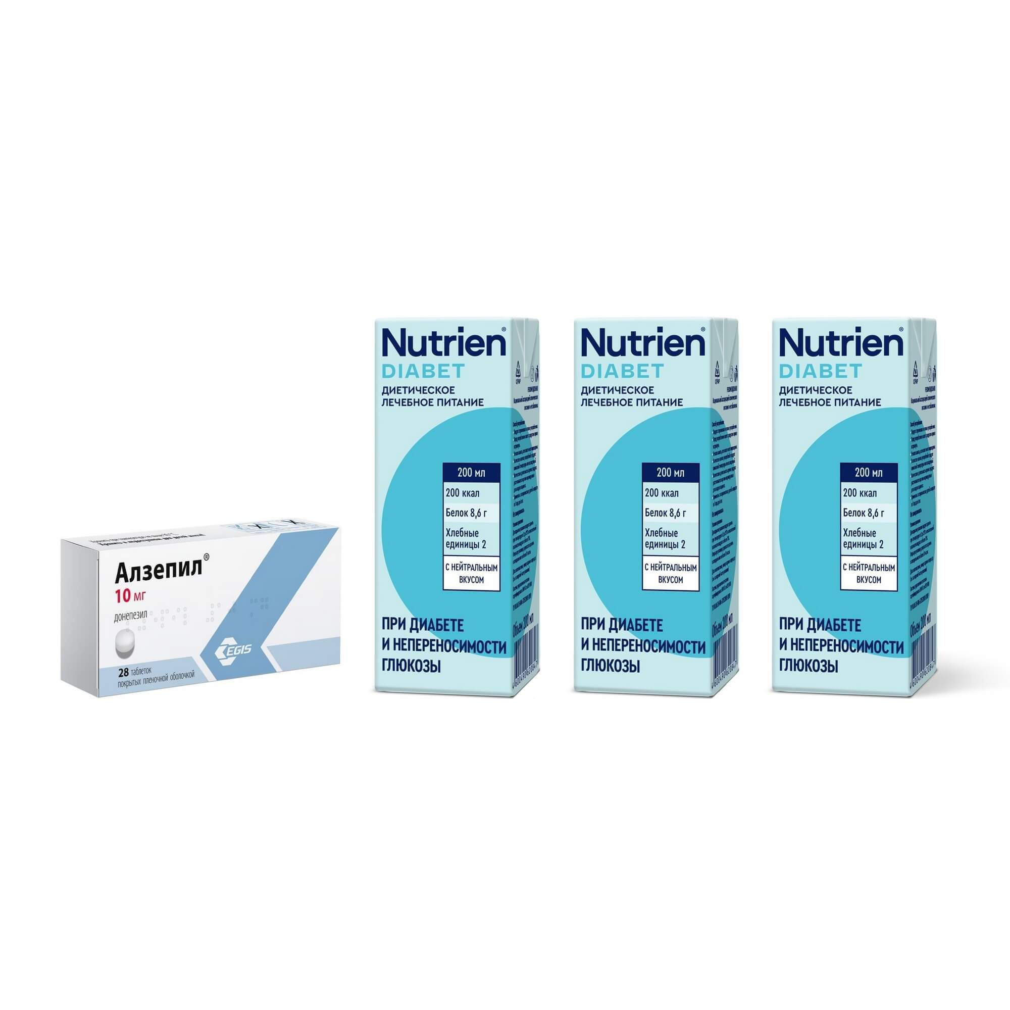 Изображение товара 1X Алзепил таблетки п/о плен. 10мг 28шт + 3X Диетическое лечебное питание стерилизованный вкус нейтральный Diabet Nutrien/Нутриэн 200мл