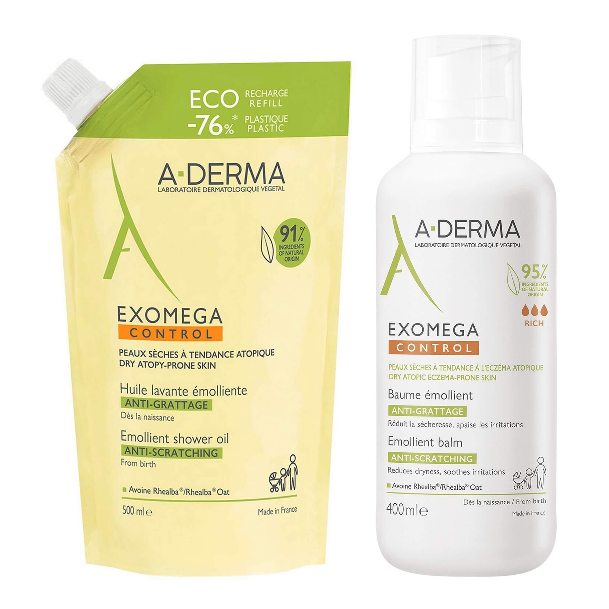 Изображение товара 1X Бальзам для лица и тела смягчающий Exomega Control A-derma/А-дерма фл. 400мл + 1X Масло для душа смягчающее Exomega Control A-derma/А-дерма сменный блок 500мл