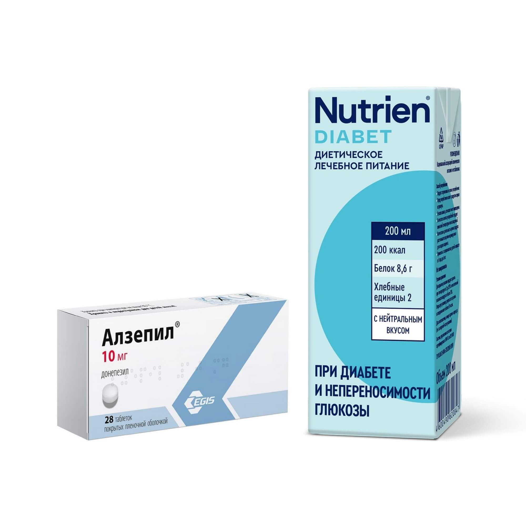 Изображение товара Диетическое питание и таблетки Алзепил 10 мг по рецепту 28 шт и 200 мл