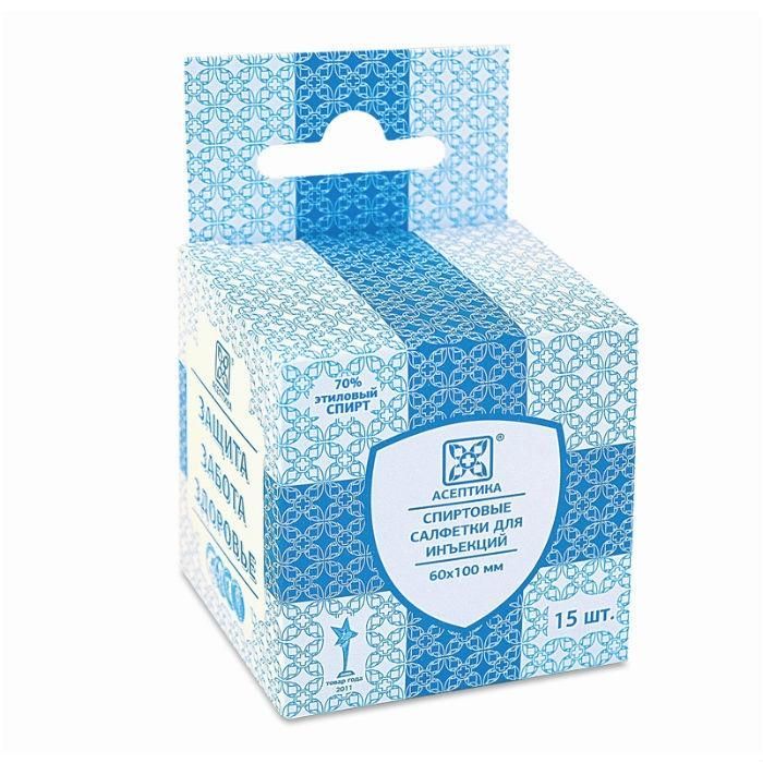 Изображение товара Салфетки спиртовые для инъекций Асептика 60x100мм 15шт