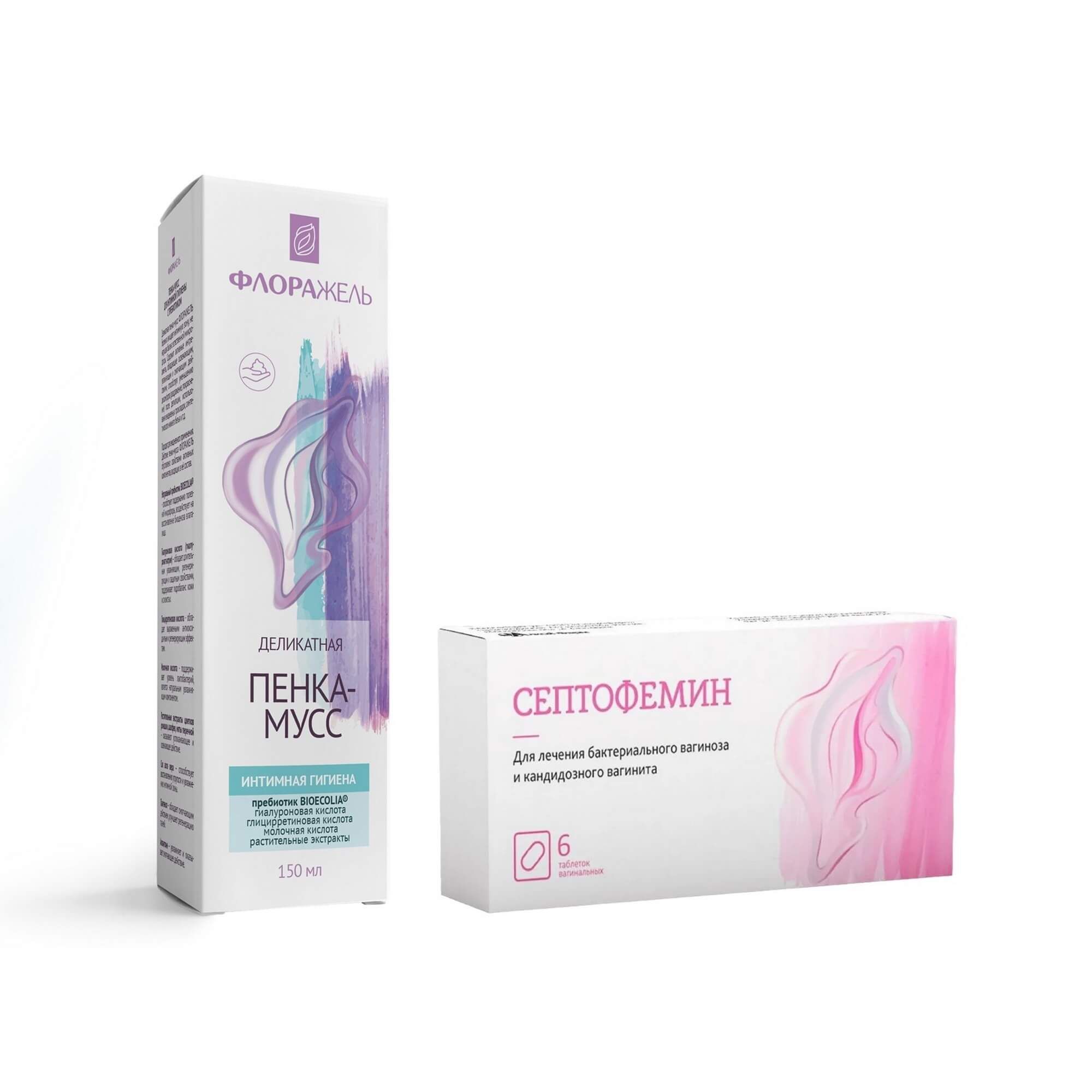 Изображение товара Гармоничный набор для интимной гигиены 1X Септофемин 10мг и Флоражель пенка 150мл