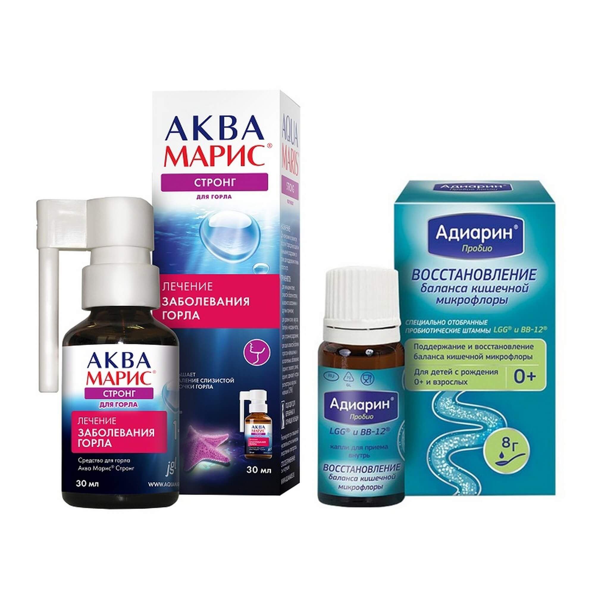 Изображение товара 1X Адиарин Пробио капли для приема внутрь фл. 8г + 1X Спрей для горла Аква Марис Стронг 30мл