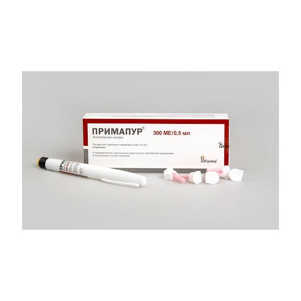 Изображение товара Примапур раствор для п/к введ. картридж в шприц ручке 22мкг/0,5мл 300МЕ 0,5мл+Игла одноразовая 5шт