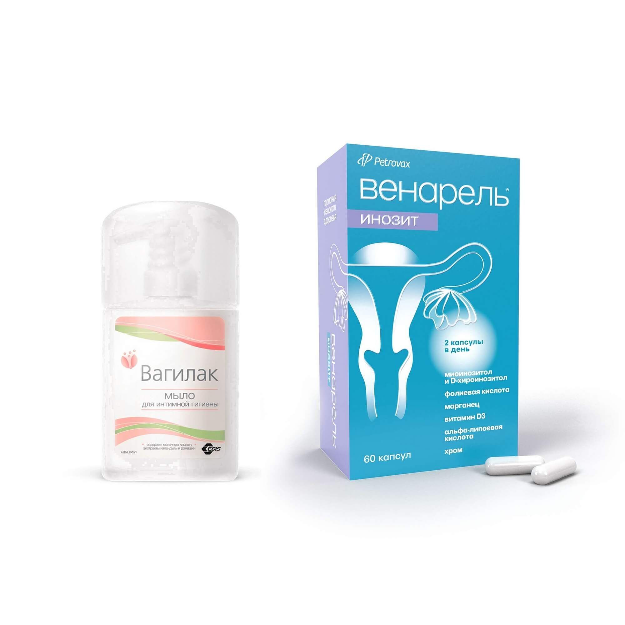 Изображение товара 1X Мыло Вагилак жидкое для интимной гигиены 250 мл + 1X Инозит Венарель капсулы 759мг 60шт