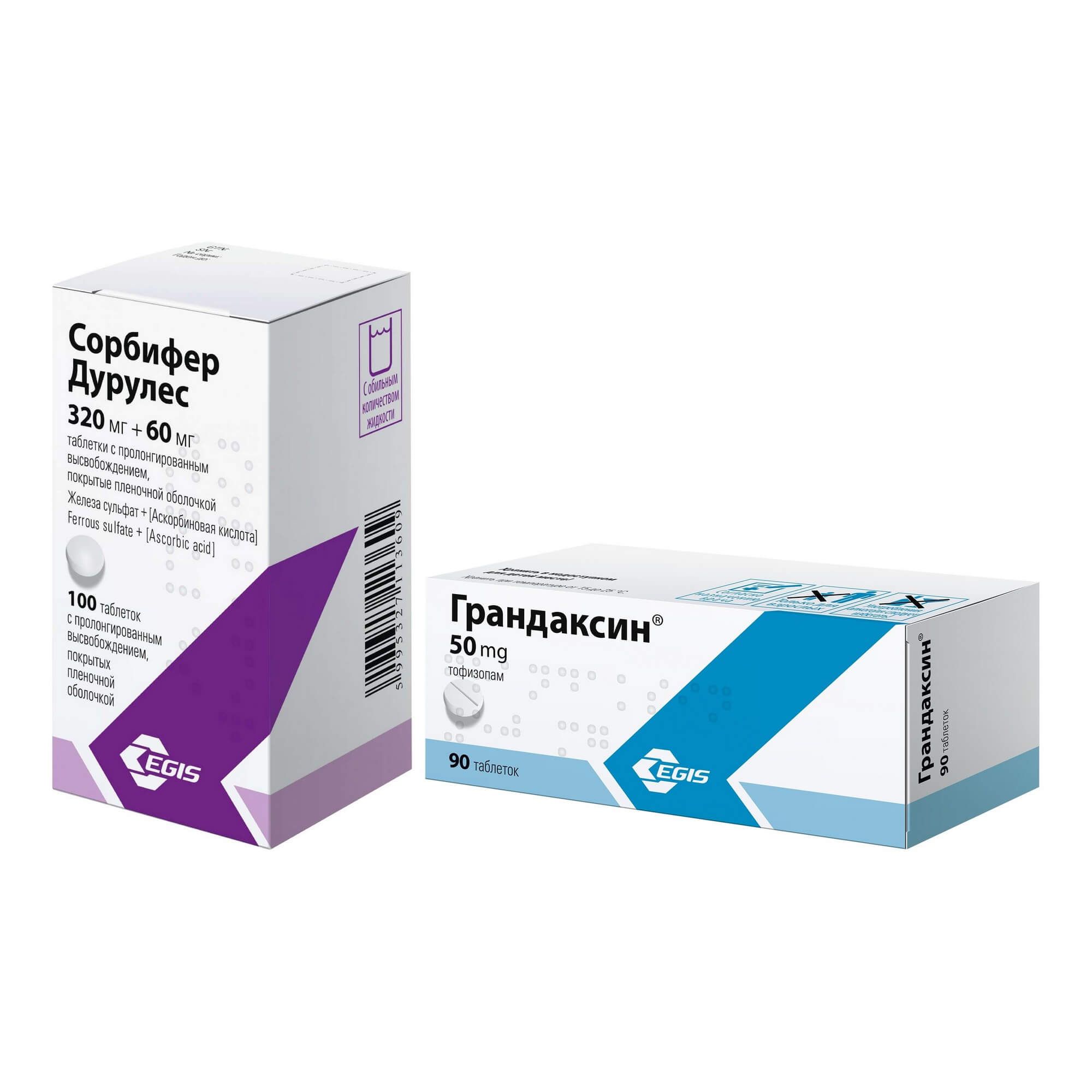 Изображение товара 1X Грандаксин таблетки 50мг + 1X Сорбифер Дурулес пролонгированные таблетки 320мг+60мг 100 шт