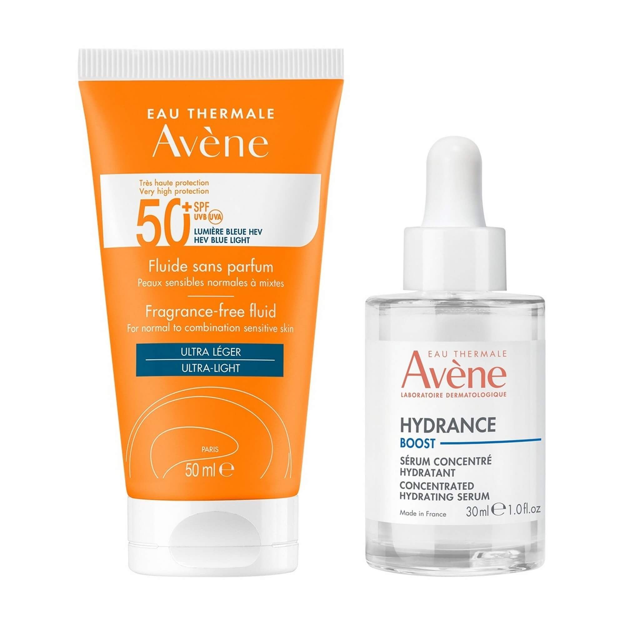 Изображение товара 1X Сыворотка-бустер концентрированная для чувствительной кожи лица увлажняющая Hydrance Boost Avene/Авен фл. 30мл + 1X Флюид солнцезащитный без отдушек SPF50+ Avene/Авен фл. 50мл (C30961)