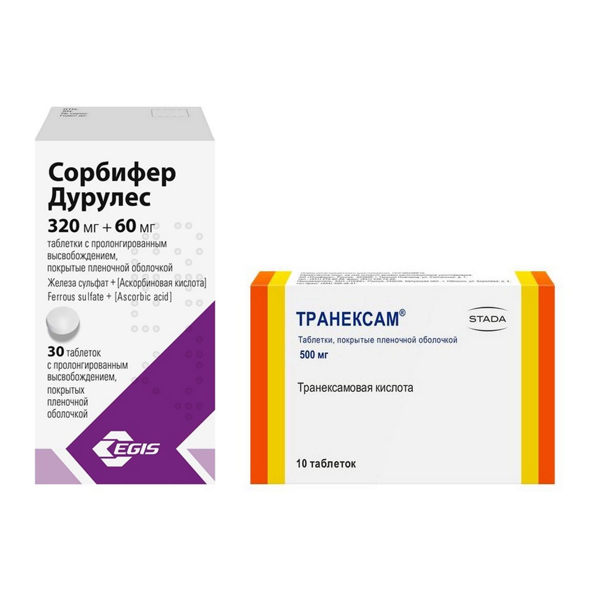 Изображение товара 1X Транексам таблетки п/о плен. 500мг 10шт + 1X Сорбифер Дурулес таблетки п/о плен. фл. 30шт