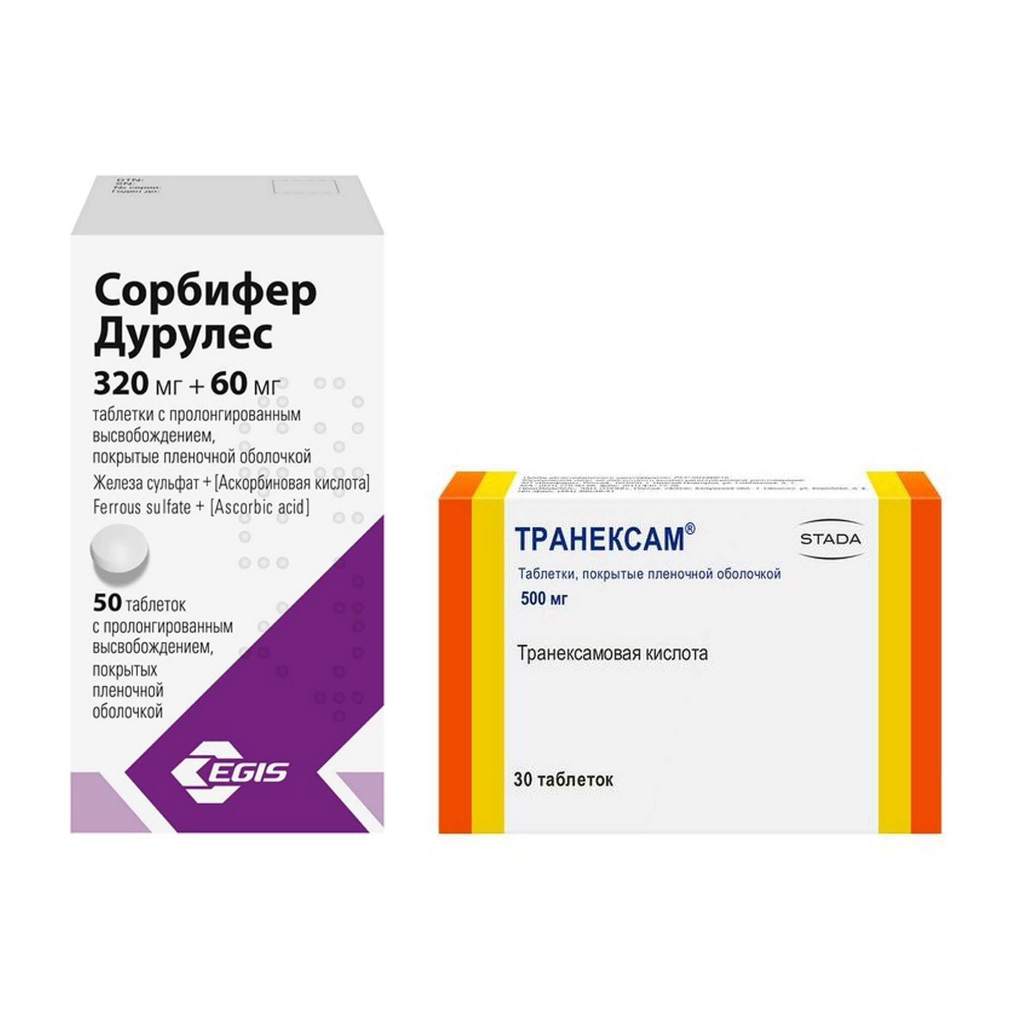 Изображение товара 1X Сорбифер Дурулес таблетки п/о плен. фл. 50шт + 1X Транексам таблетки п/о плен. 500мг 30шт