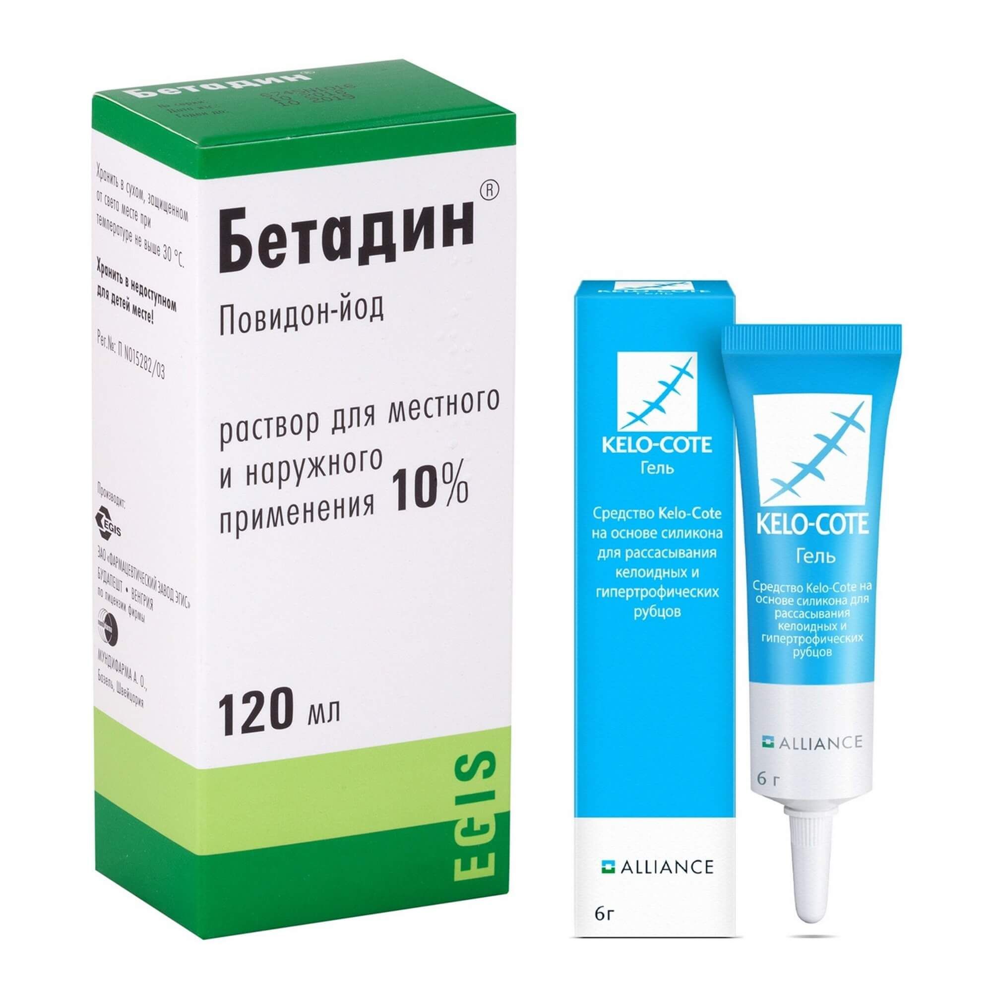Изображение товара Кело-Кот гель 6г и Бетадин 10% раствор 120мл - антисептический и регенерирующий комплект