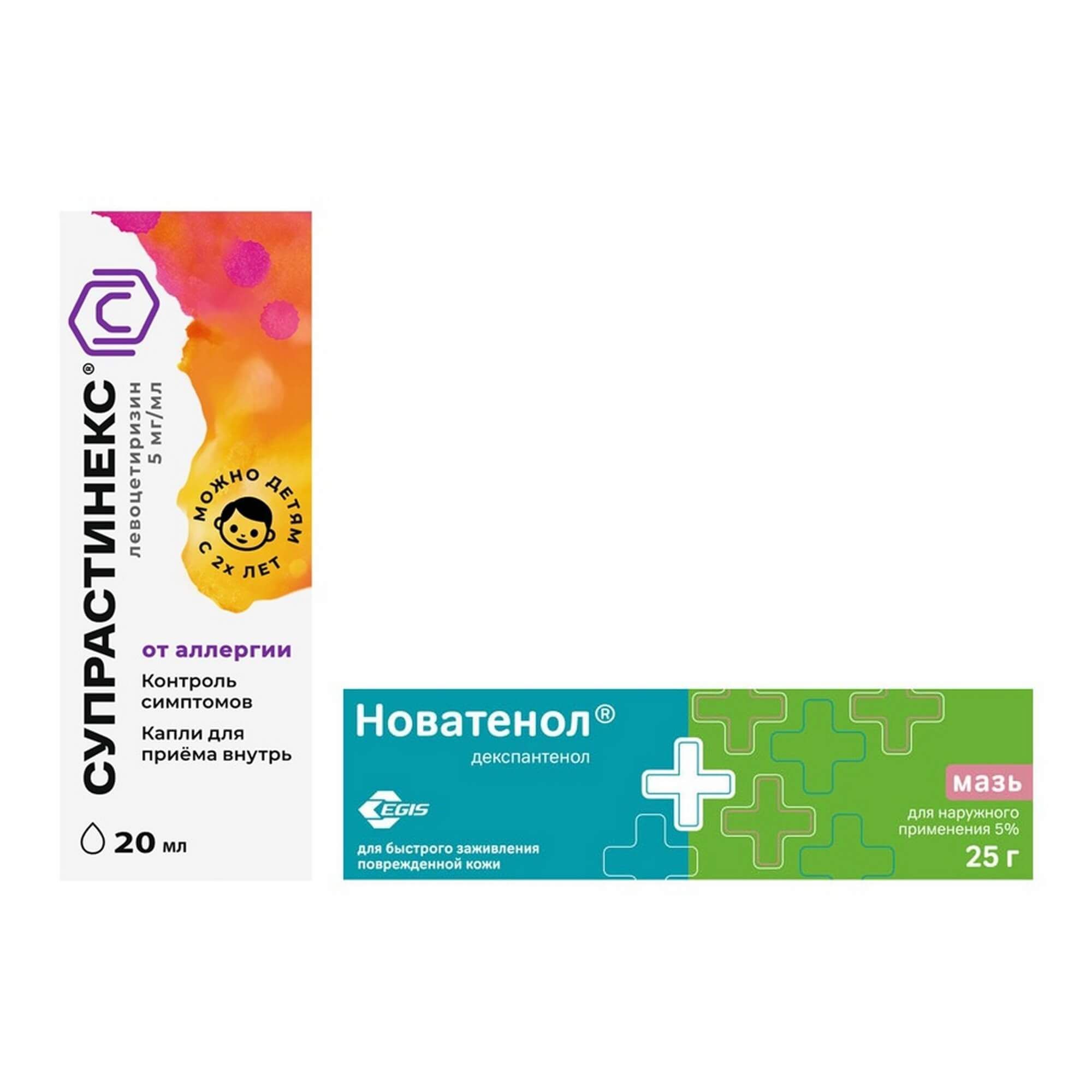 Изображение товара 1X Супрастинекс капли для приема внутрь 5мг/мл 20мл + 1X Новатенол мазь для наружного применения 5% 25г