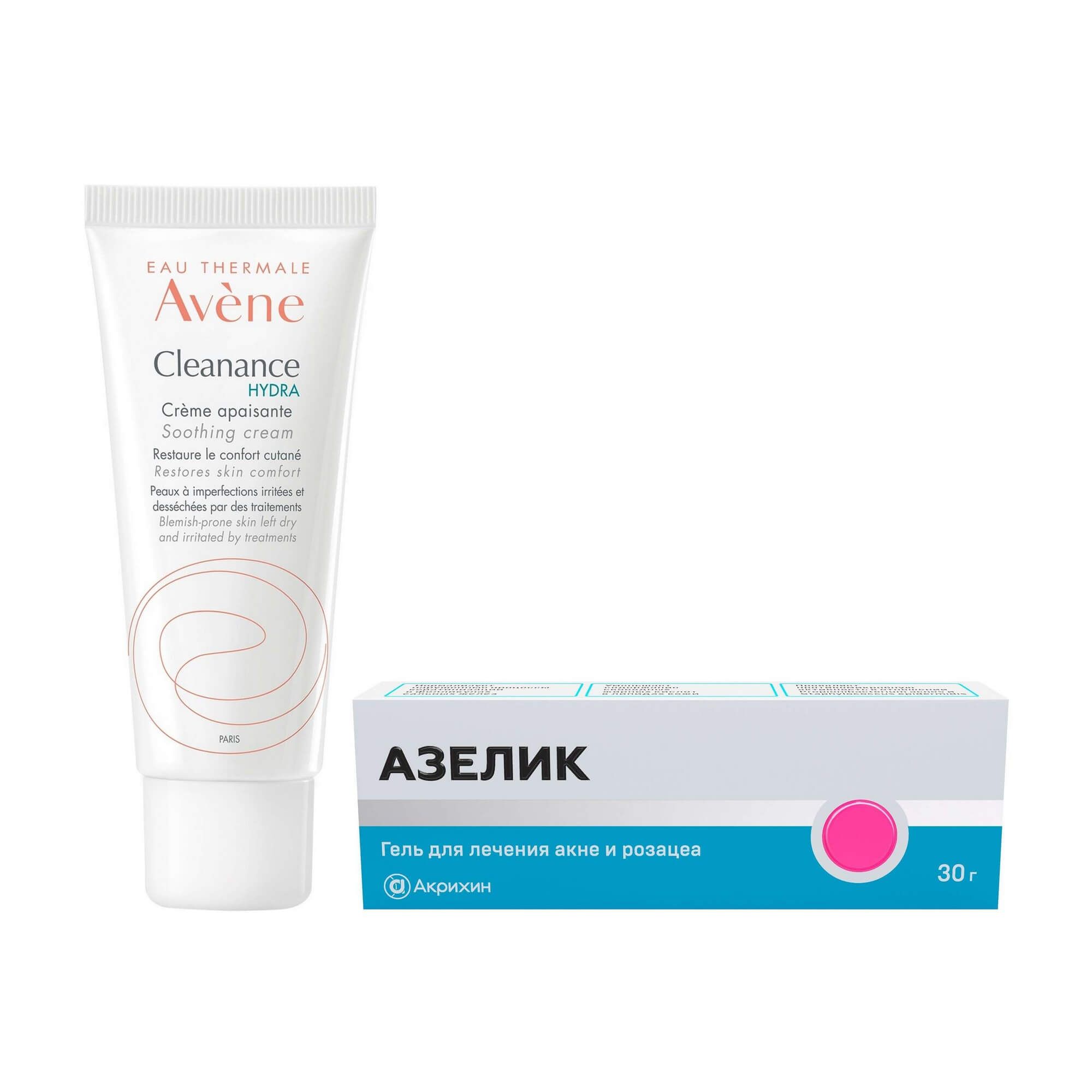 Изображение товара 1X Крем успокаивающий и восстанавливающий комфорт кожи Cleanance Hydra Avene/Авен туба 40мл + 1X Азелик гель для наружного применения 15% 30г