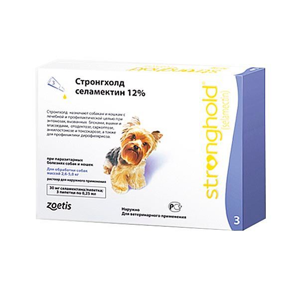Изображение товара Стронгхолд капли для собак весом от 2,6 до 5кг пипетка 30мг 12%, 0,25мл 3шт