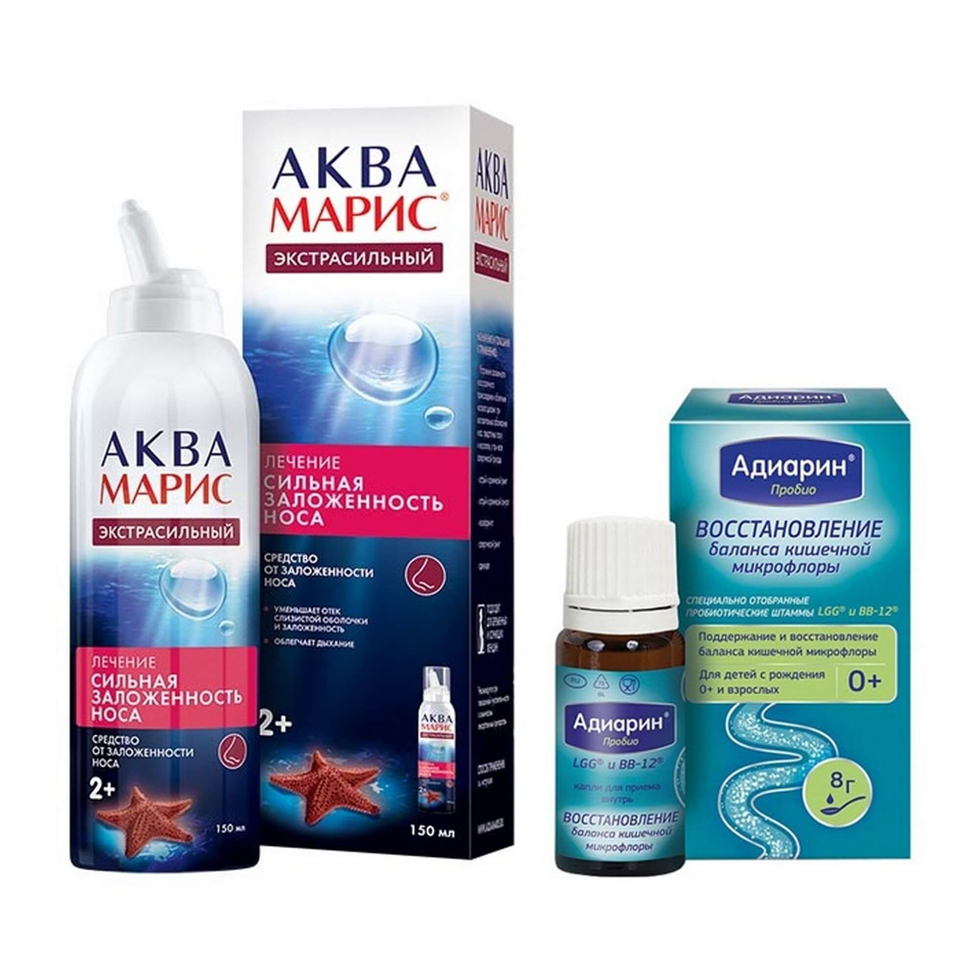Изображение товара 1X Средство для орошения полости носа Аква Марис Экстрасильный фл. 150мл + 1X Адиарин Пробио капли для приема внутрь фл. 8г