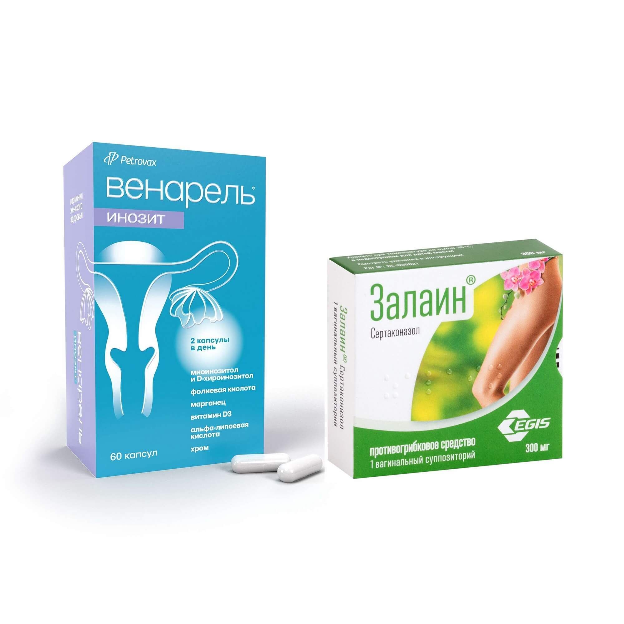 Изображение товара 1X Инозит Венарель капсулы 759мг 60шт + 1X Залаин суппозитории вагинальные 300мг