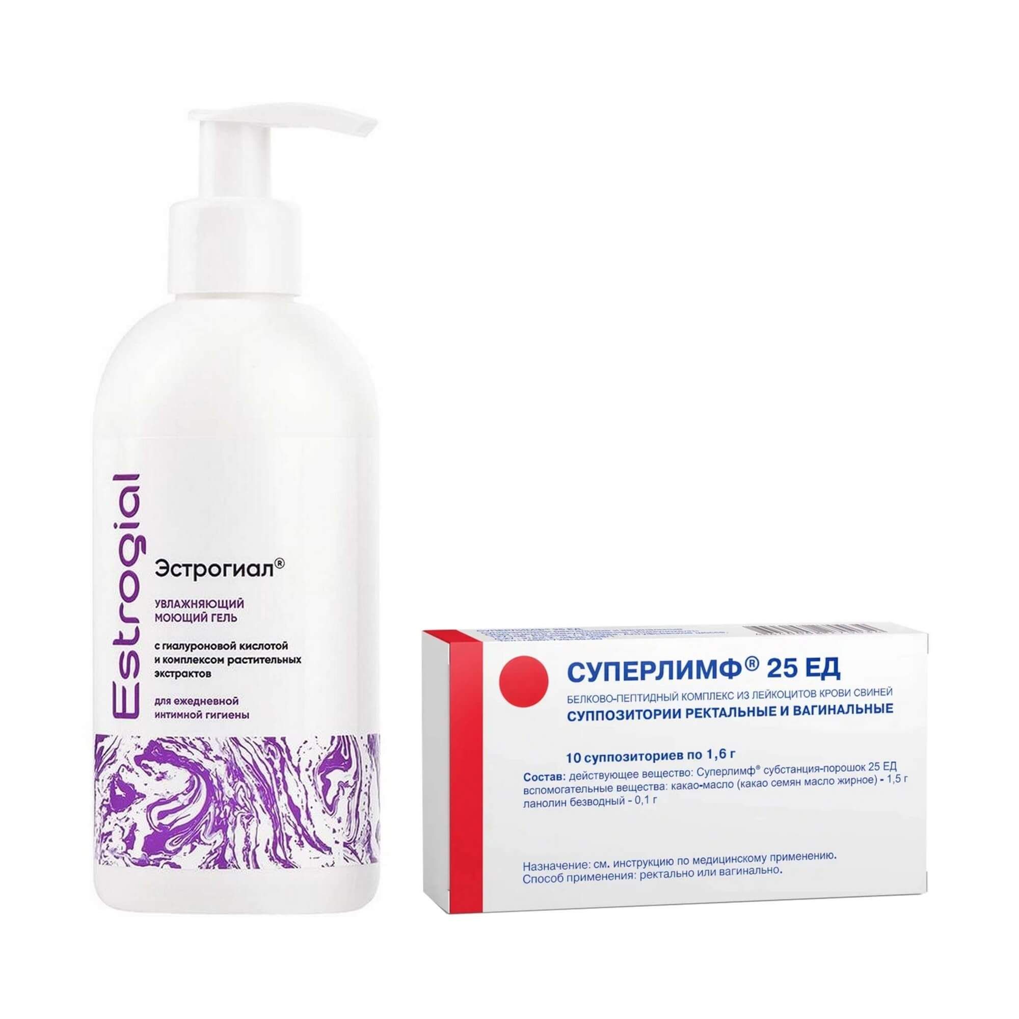 Изображение товара 1X Гель для ежедневной интимной гигиены увлажняющий Эстрогиал фл. 250мл + 1X Суперлимф суппозитории вагинальные и ректальные 25ЕД 10шт