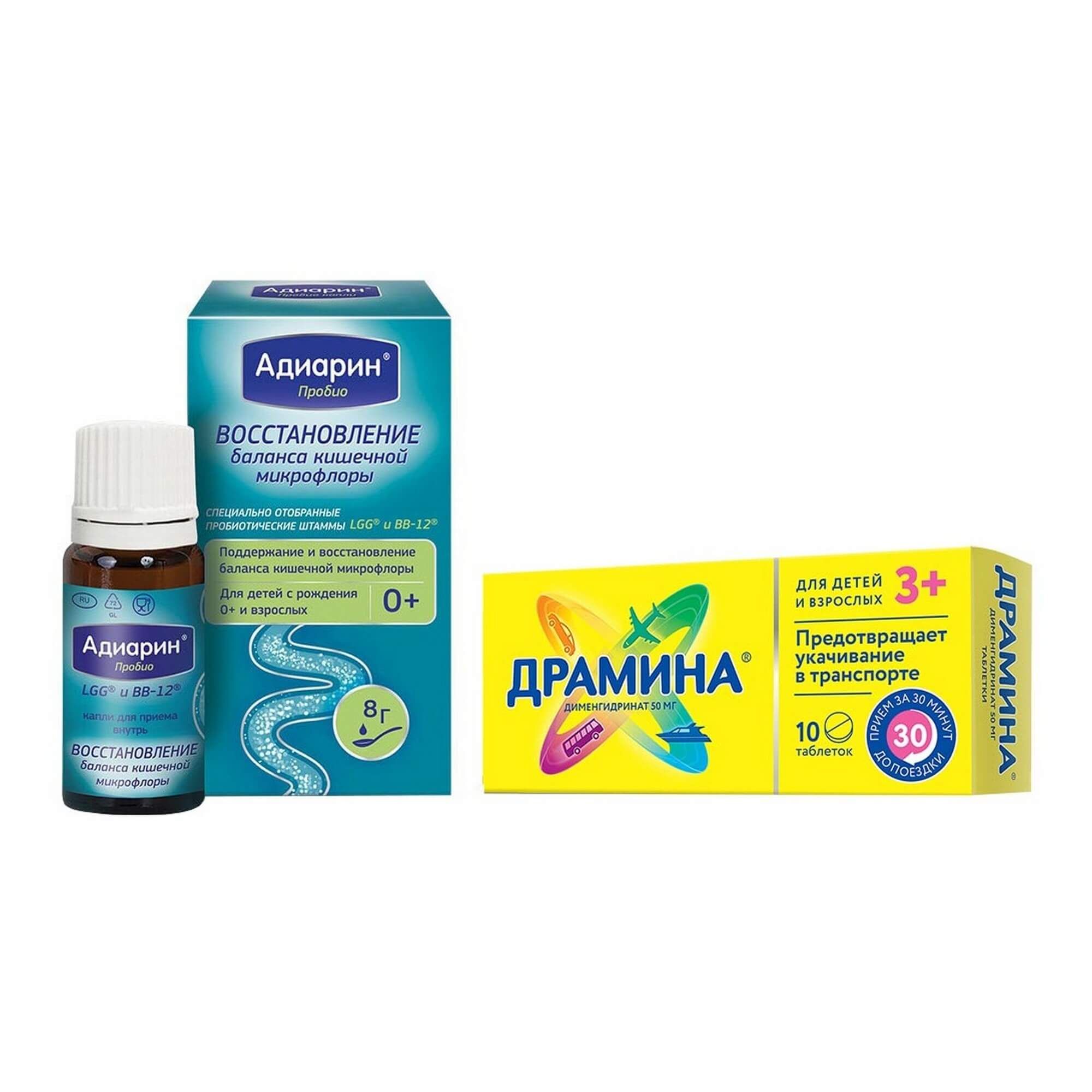 Изображение товара 1X Адиарин Пробио капли для приема внутрь фл. 8г + 1X Драмина таблетки 50мг 10шт