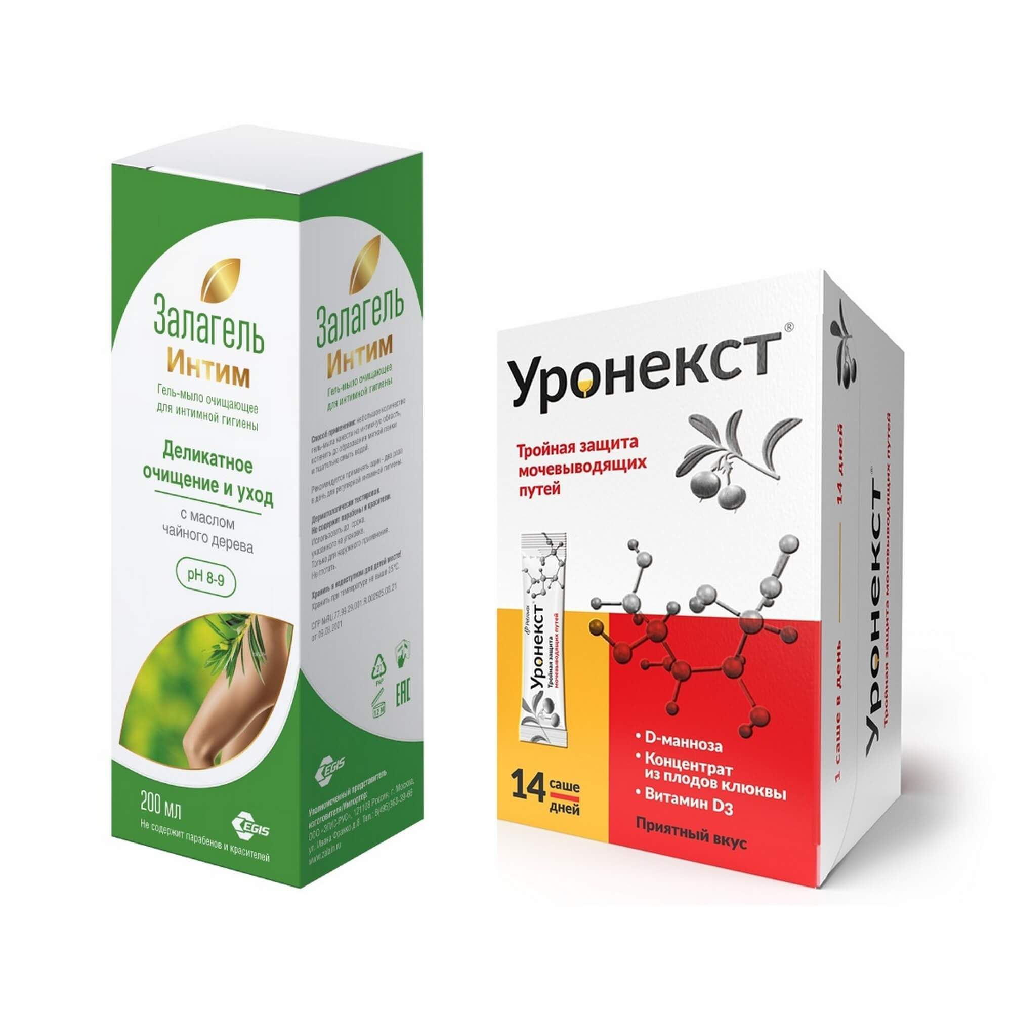 Изображение товара 1X Гель-мыло для интимной гигиены Залагель интим 200мл + 1X Уронекст порошок саше 2,6г 14шт