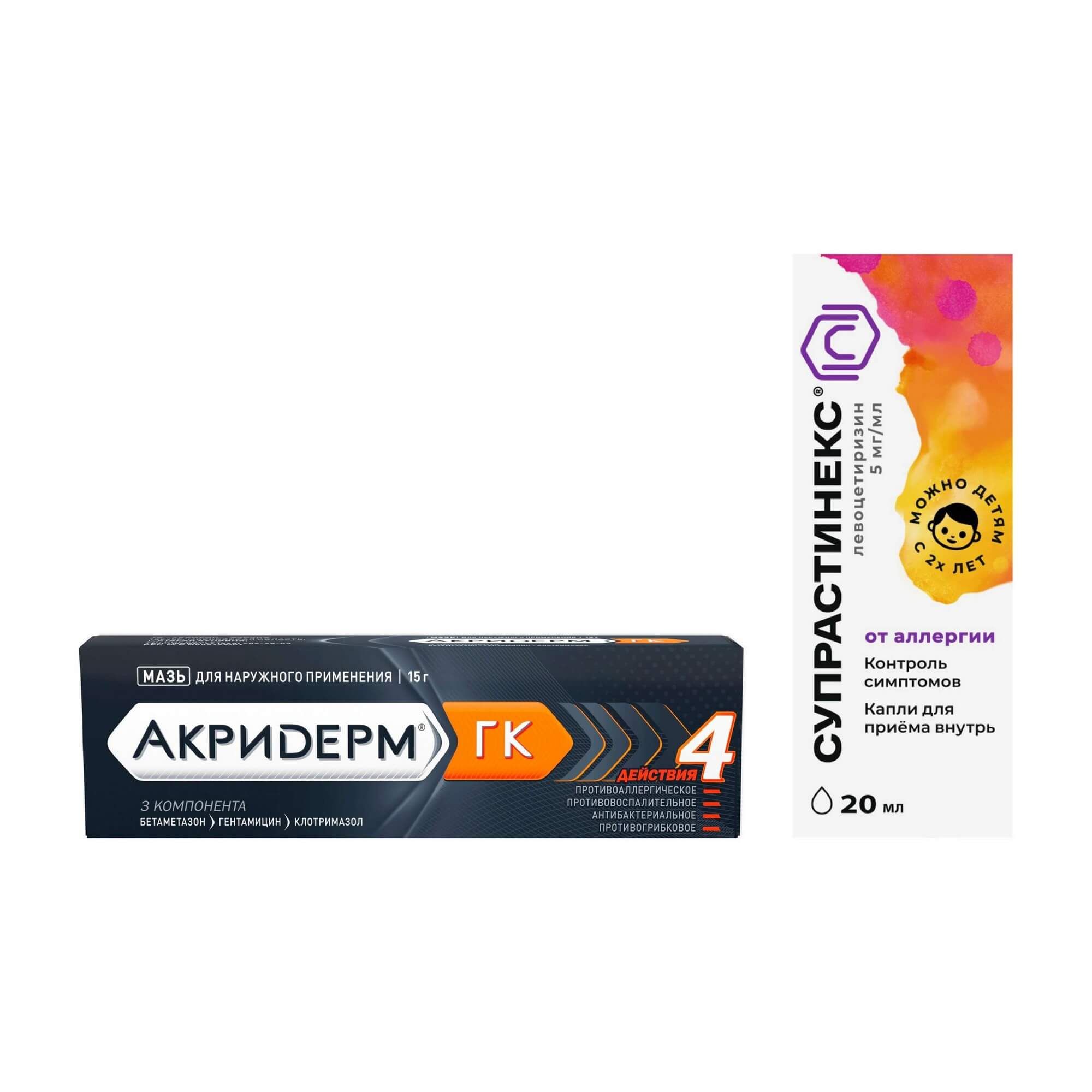 Изображение товара Комплект лекарства Супрастинекс 5мг/мл капли + Акридерм ГК мазь для лечения аллергии и дерматитов