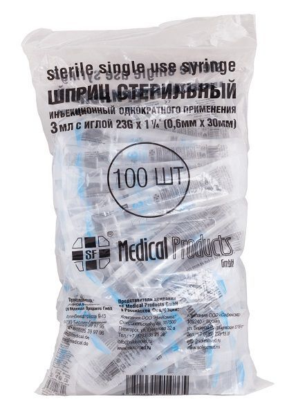 Изображение товара Шприц 3-х компонентный с иглой 23G SF Medical/СФ Медикал 0,6х30мм 3мл 100шт