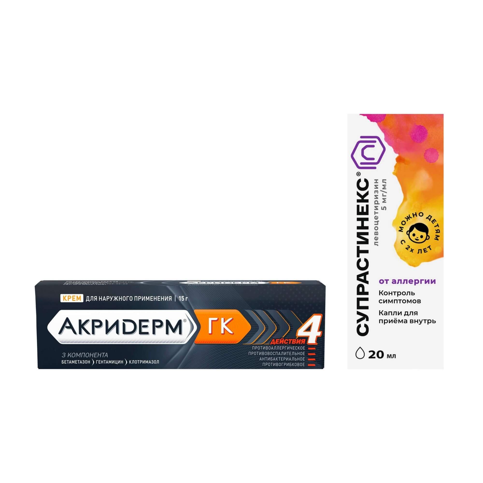 Изображение товара Лекарственный комплект Супрастинекс капли и Акридерм ГК крем для лечения аллергии и дерматитов