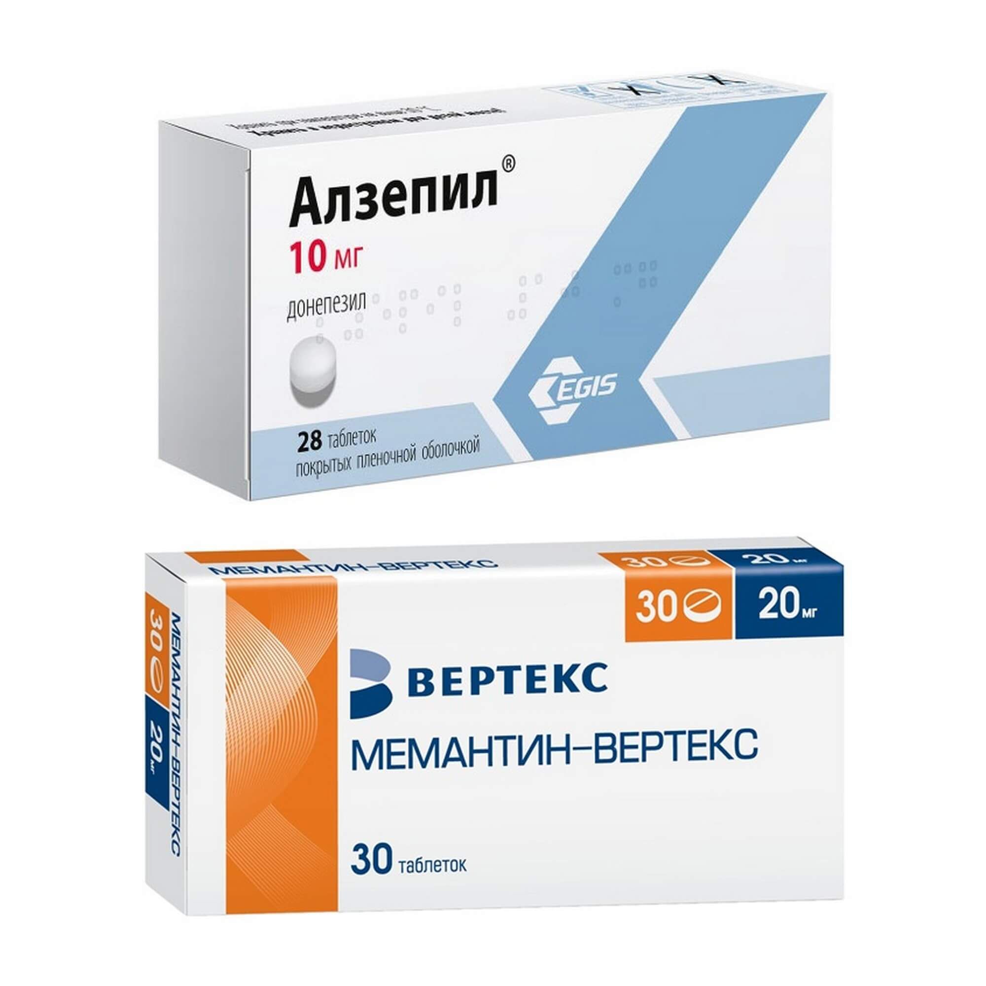 Изображение товара 1X Алзепил таблетки п/о плен. 10мг 28шт + 1X Мемантин-Вертекс таблетки п/о плен. 20мг 30шт