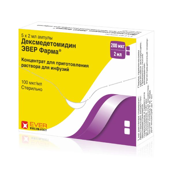 Изображение товара Дексмедетомидин Эвер Фарма концентрат для инфузий 100мкг/мл 2мл 5шт