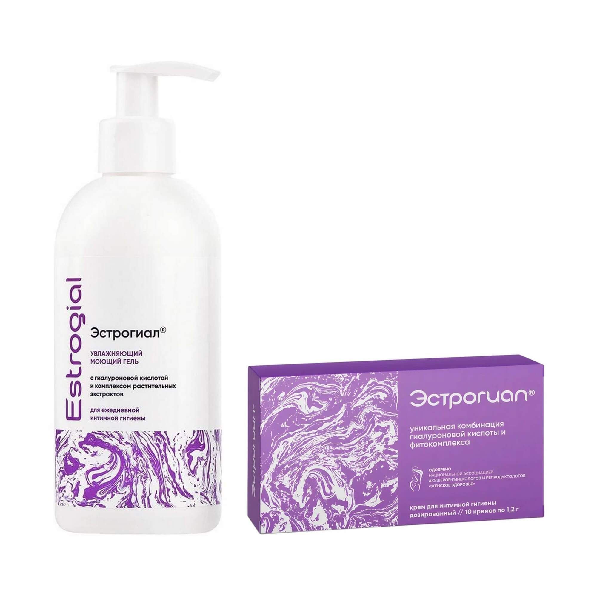Изображение товара 1X Крем для интимной гигиены дозированный Эстрогиал 1,2г 10шт + 1X Гель для ежедневной интимной гигиены увлажняющий Эстрогиал фл. 250мл