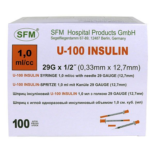 Шприц SFM Hospital СФМ Госпиталь U100 инсулиновый 3-х комп с интегрированной иглой 0,33х12,7 (29G) 1 мл 100 шт