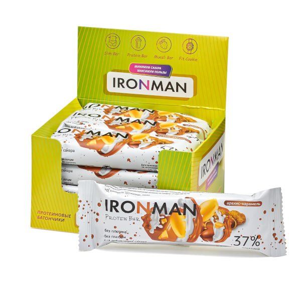 Батончик протеиновый 37% арахис-карамель без глазури Protein Bar Ironman 50г 12шт