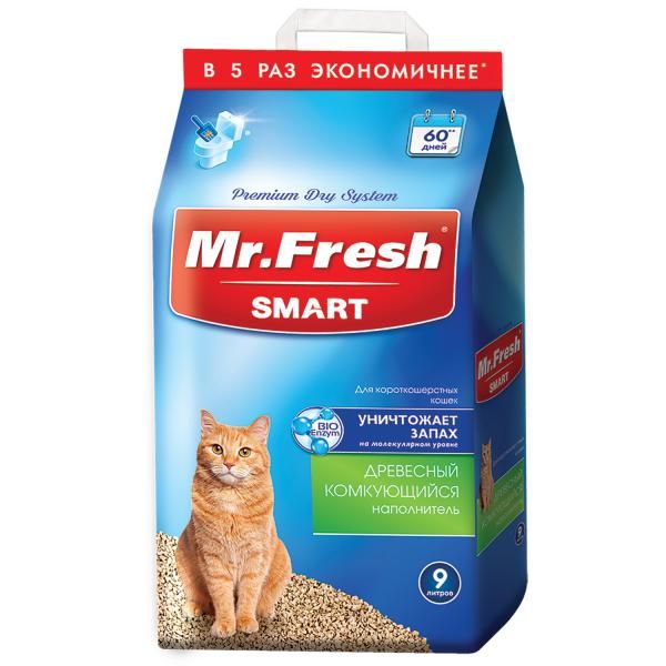 Наполнитель комкующийся древесный для короткошерстных кошек Mr.Fresh Smart 9 л mr fresh smart древесный комкующийся наполнитель для длинношерстных кошек 8 4 кг