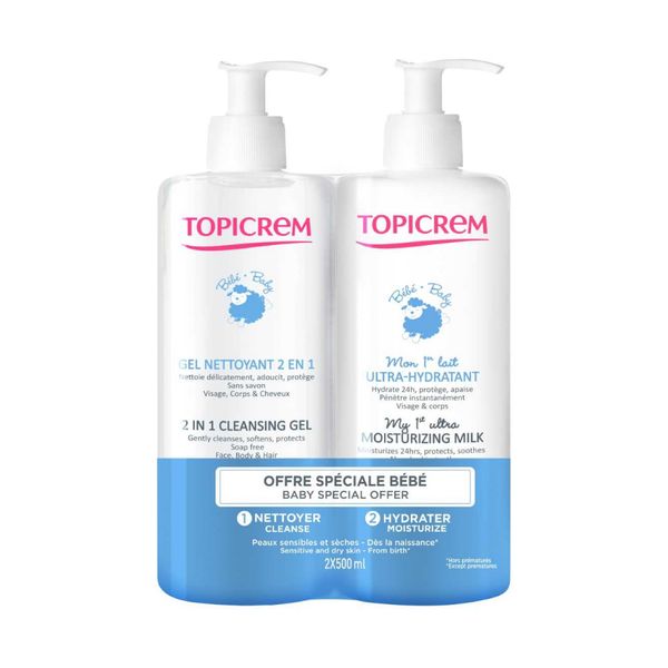 Набор Topicrem/Топикрем: Молочко для чувствительной кожи ультра-увлажняющее Мое 1-ое фл. 500мл+Гель очищающий 2 в 1 фл. 500мл