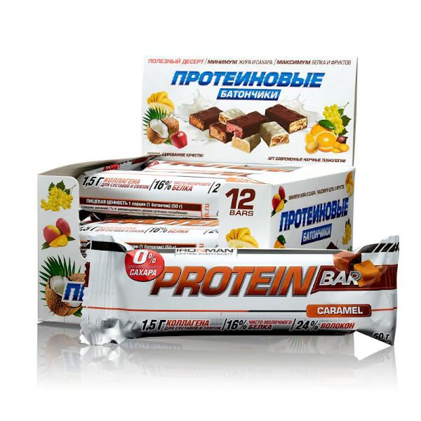 Батончик протеиновый с коллагеном карамель в темной глазури без сахара Protein Bar Ironman 50г 12шт