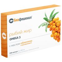 Рыбий жир с маслом облепихи и витамином Е Биафишенол капсулы 0,3г 100шт