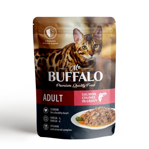 Пауч для кошек лосось в соусе Adult Hair&Skin Mr.Buffalo 85г консервы для кошек cat s menu с индейкой в соусе для стерилизованных 12шт по 340г