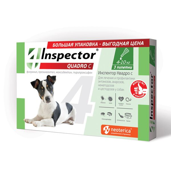 Капли на холку для собак 4-10кг Quadro C Inspector 3шт inspector quadro к капли от внешних и внутренних паразитов для кошек 8 15 кг