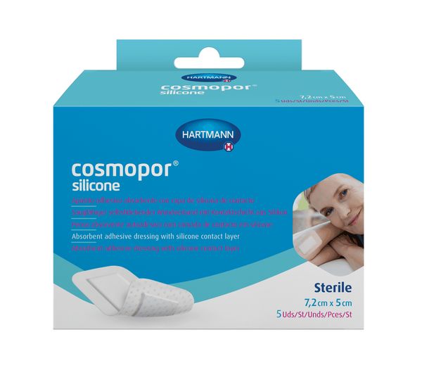 Повязка стерильная пластырного типа с контактным слоем из силикона Cosmopor SiliconeКосмопор Силикон 72х5см 5шт 504₽