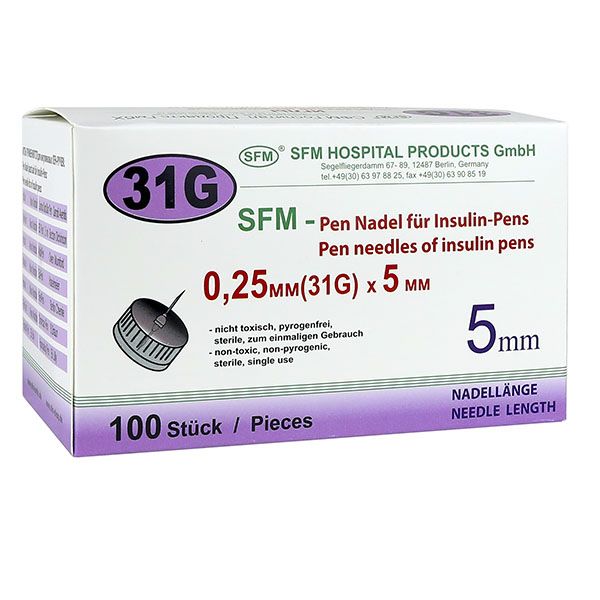 Иглы для инсулиновых инжекторов (ПЕН ручек) 0,25х5мм (31G) SFM Hospital/СФМ Госпиталь 100шт SFM Hospital Products GmbH