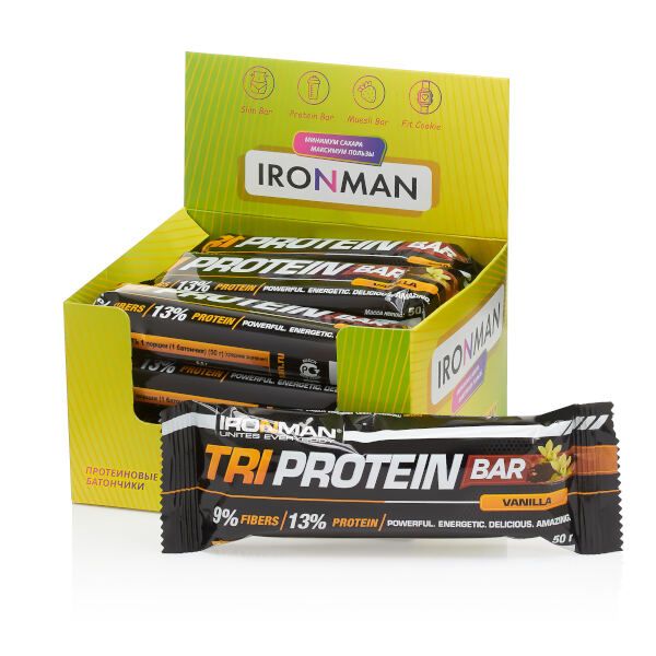 Батончик протеиновый ваниль в темной глазури TRI Protein Bar Ironman 50г 12шт фото №2